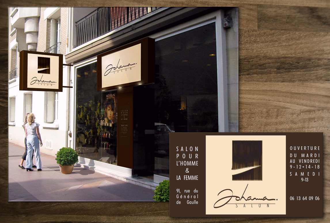Design graphique du papier à en-tête, des cartes de visite et habillage de la façade du salon de coiffure haut de gamme.