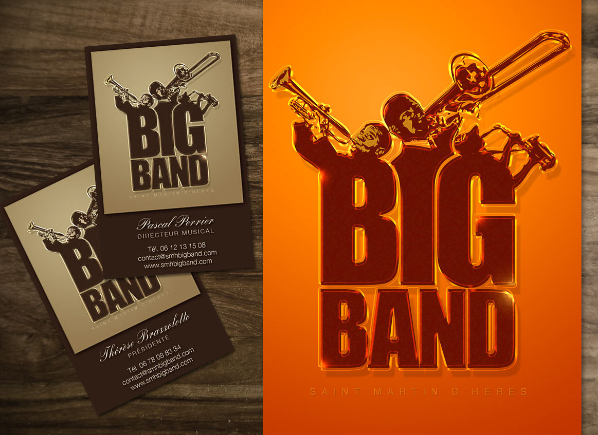 Design graphique du logo du big band de Saint Martin d'Hères, cartes de visite, affiches, pupitres, fonds de scène et habillage du site www.smhbigband.com