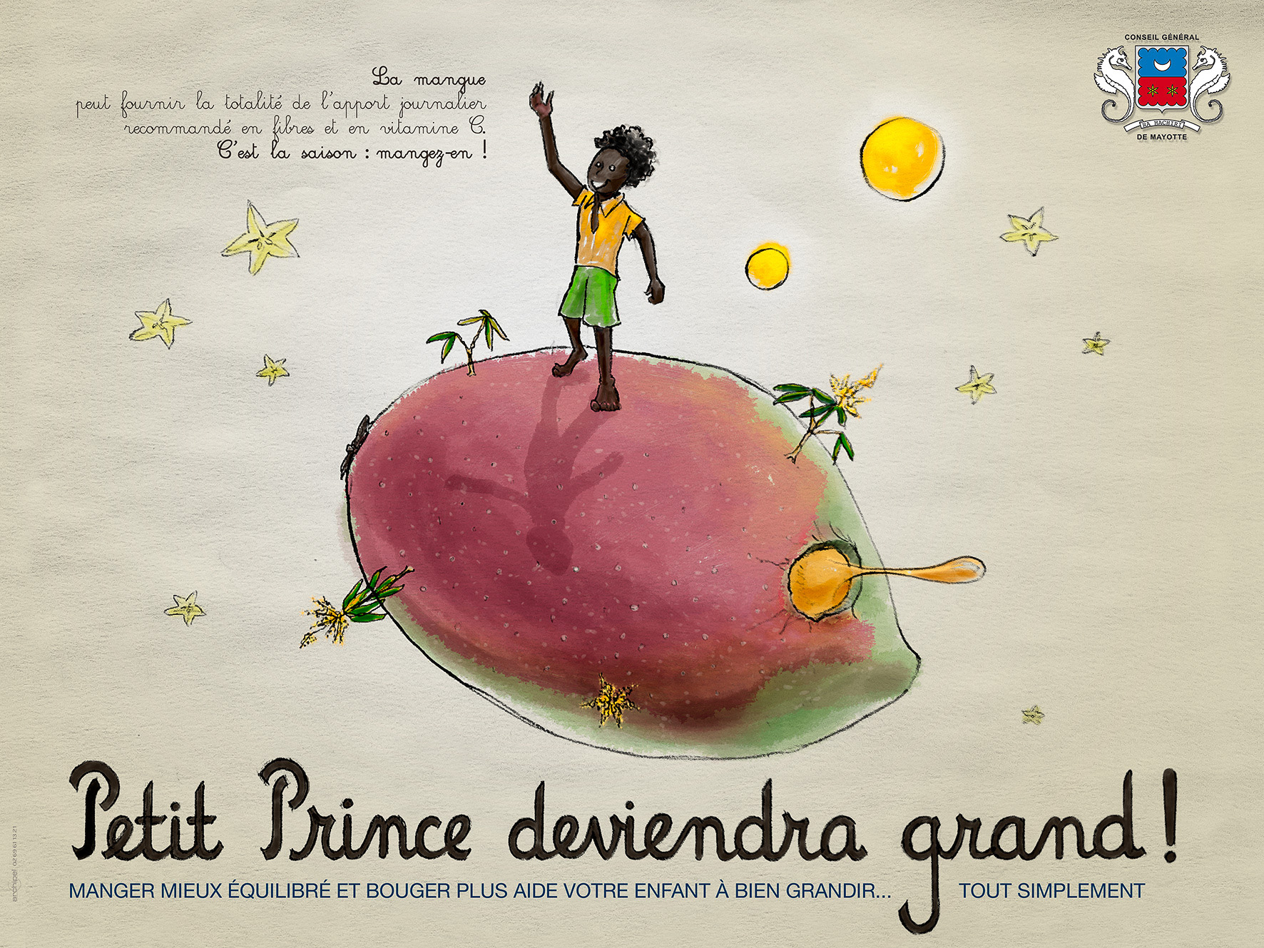 Relecture humoristique du célèbre conte pour enfant - Campagne 4x3 de santé publique pour la promotion d'un régime équilibré en fruits et légumes : ici la déclinaison "mangue".