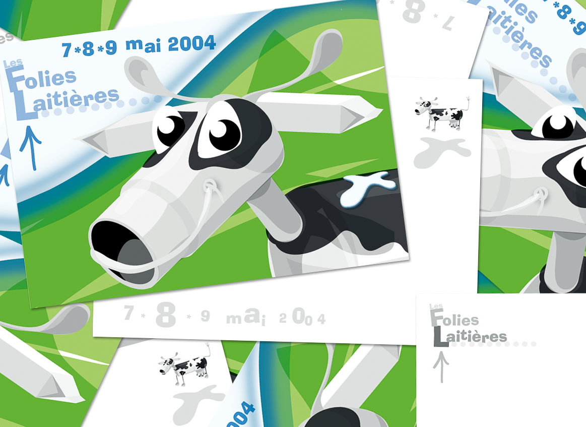 Mascotte de la campagne de publicité pour la Fête du Lait en Limousin (affiches 4x3m & 40x60cm / cartes postales) faite en ustensiles liés aux produits laitiers.
