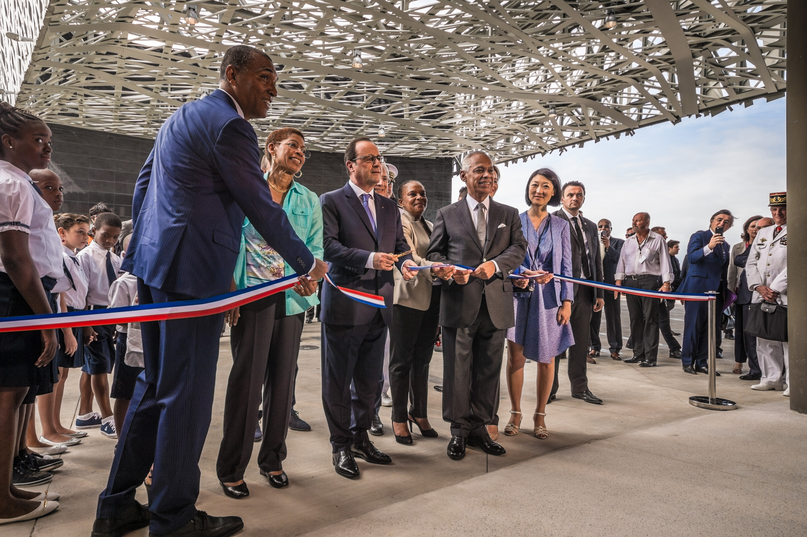 France, Guadeloupe, Pointe-à-Pitre, inauguration du Mémorial ACTe, des architectes et maîtres d'oeuvre Fabien Doré, Pascal Berthelot et Jean-Michel Mocka-Célestine, plus grand mémorial de l'esclavage au monde, construit sur le site Darboussier qui était jusqu'en 1980 une usine sucrière et le plus gros employeur en Guadeloupe//France, Guadeloupe, Pointe-à-Pitre, inauguration of the Memorial ACTe, architects and project managers Fabien Doré, Pascal Berthelot and Jean-Michel Mocka-Celestine, largest memorial of slavery in the world, built on the site Darboussier which was until 1980 a sugar factory and the largest employer in Guadeloupe