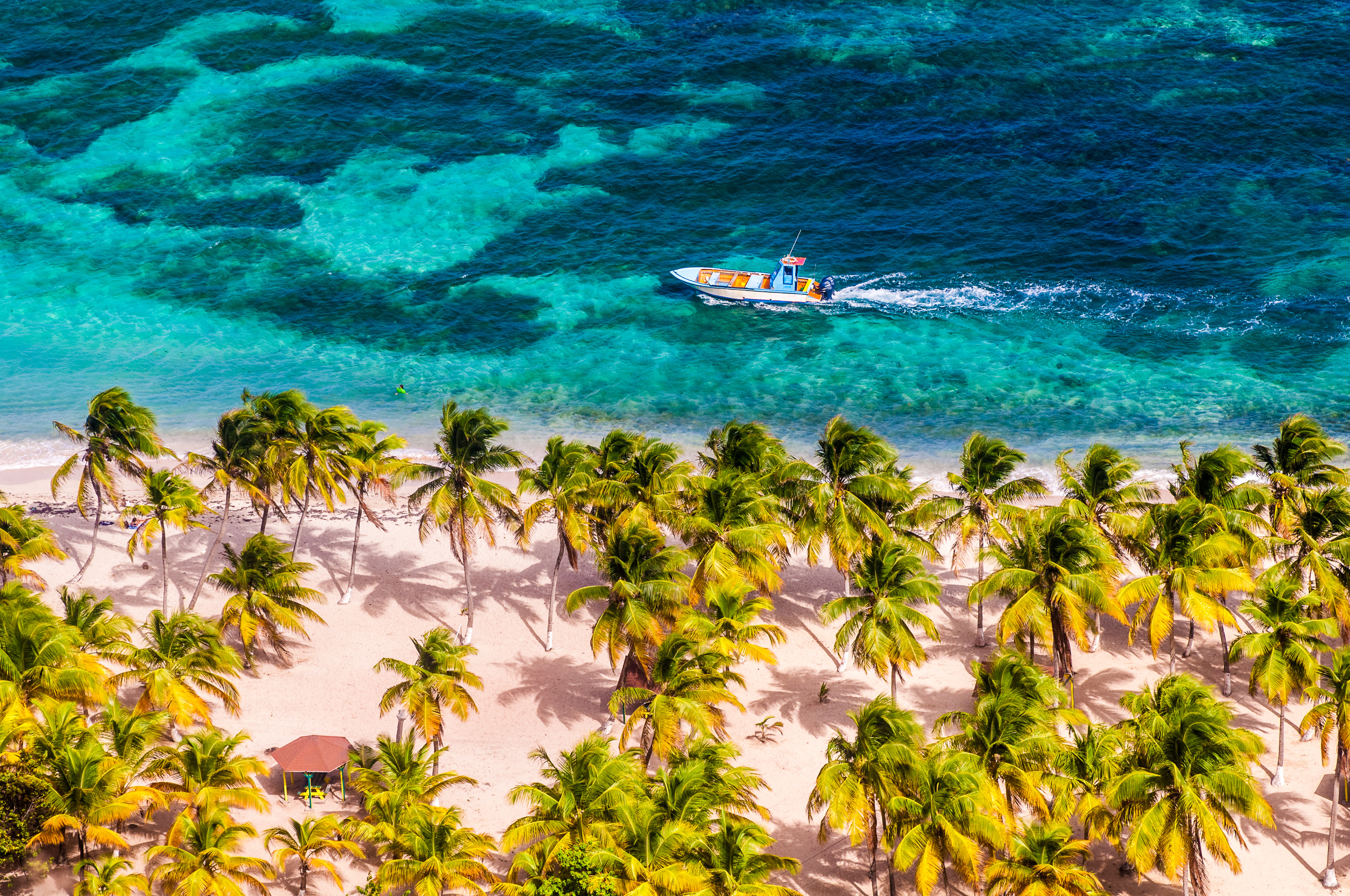 France, Petites Antilles, Guadeloupe, île de La Désirade, un bateau de pêche longe la plage su Souffleur dans le lagon, vu depuis le plateau sommital // France, French West Indies, Guadeloupe, island of La Désirade, a fishing boat along Souffleur beach in the lagoon, seen from the summit plateau