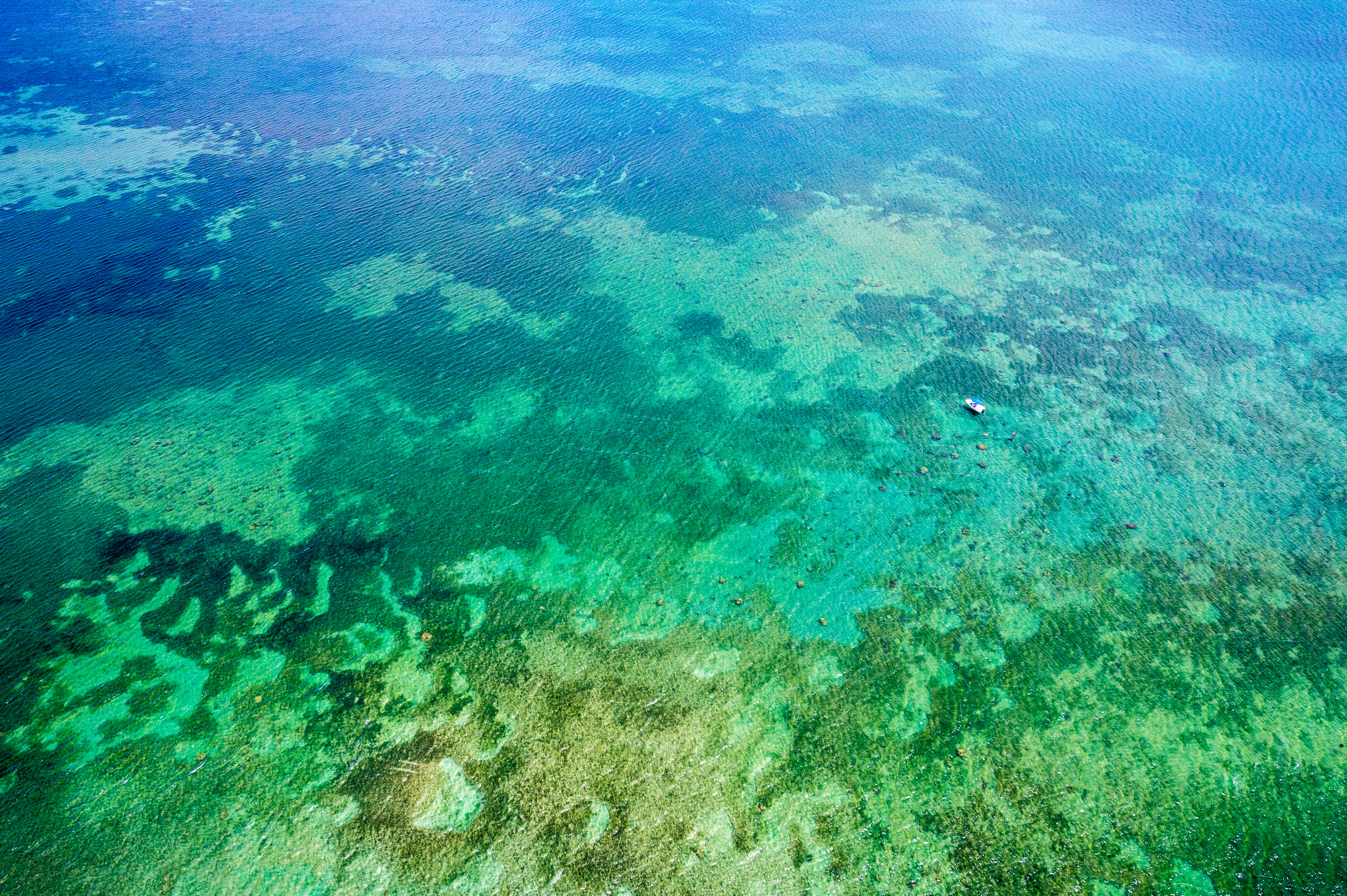 France, Caraïbes, Petites Antilles, Guadeloupe, Grand Cul-de-Sac marin, coeur du parc national de la Guadeloupe, vue aérienne d'un bateau de plaisance sur la barrière de corail // France, Caribbean, Lesser Antilles, Guadeloupe, Grand Cul-de-Sac Marin, heart of the Guadeloupe National Park, aerial view of a pleasure boat on the coral reef