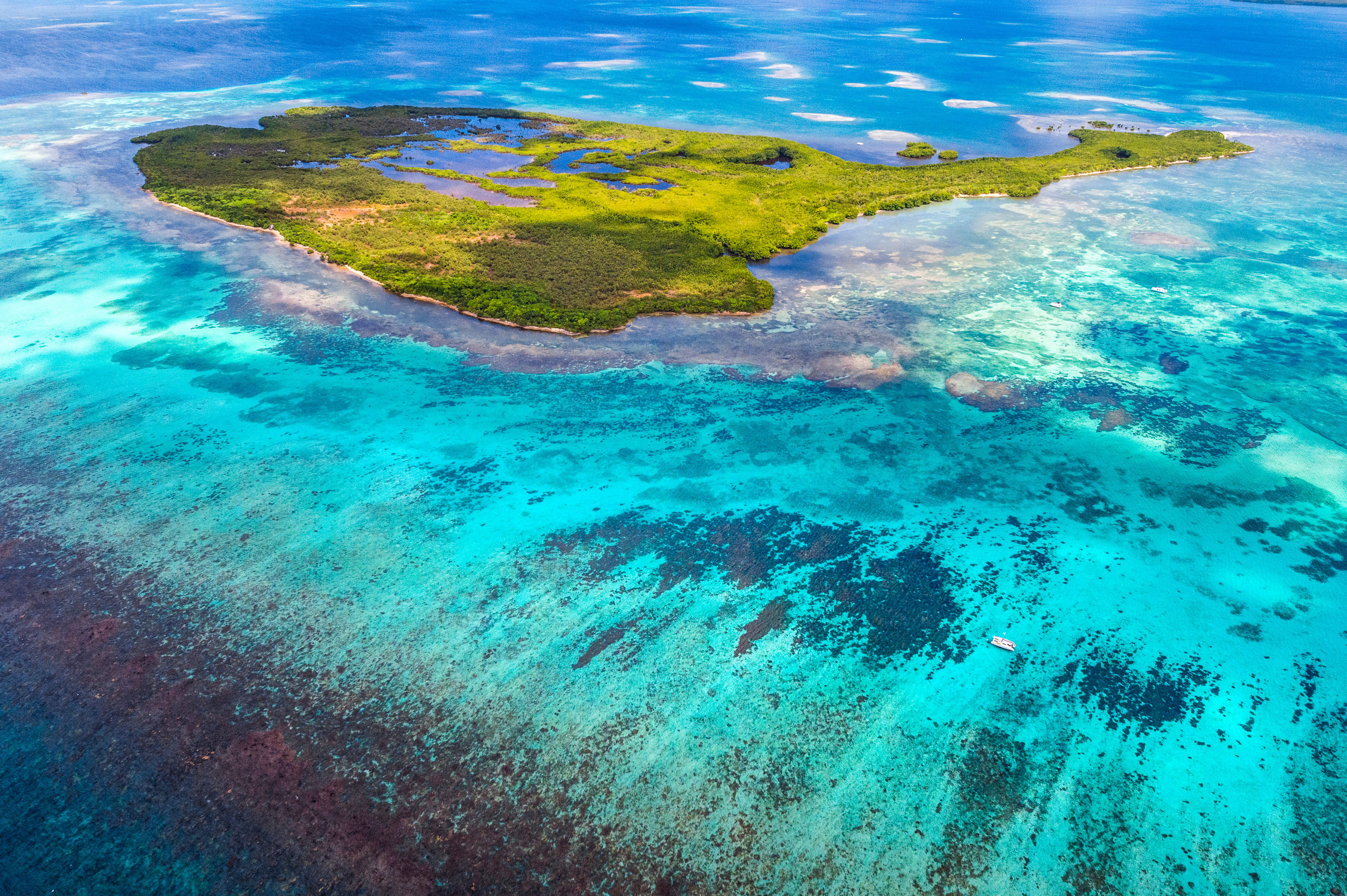 France, Caraïbes, Petites Antilles, Guadeloupe, Grand Cul-de-Sac marin, coeur du parc national de la Guadeloupe, Basse-Terre, vue aérienne sur l'îlet Fajou et le plus long récif corallien (25 km) des Petites Antilles, Réserve de Biosphère de l'Archipel de la Guadeloupe // France, Caribbean, Lesser Antilles, Guadeloupe, Grand Cul-de-Sac Marin, heart of the Guadeloupe National Park, Basse-Terre, aerial view of the Fajou Islet and the longest coral reef (25 km) of the Lesser Antilles, Biosphere Reserve of the Archipelago of Guadeloupe