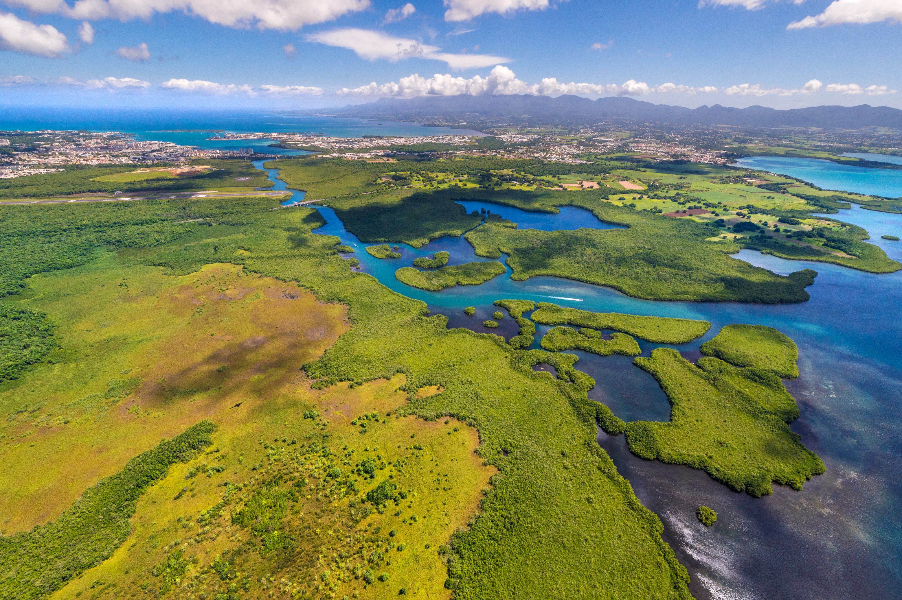 France, Caraïbes, Petites Antilles, Guadeloupe, Grand Cul-de-Sac marin, coeur du parc national de la Guadeloupe, Grande-Terre, Basse-Terre, Baie-Mahault, vue aérienne de la plus large ceinture de mangrove des Petites Antilles, Réserve de Biosphère de Guadeloupe, ici l'embouchure de la Rivière Salée // France, Caribbean, Lesser Antilles, Guadeloupe, Grand Cul-de-Sac Marin, heart of the Guadeloupe National Park, Grande-Terre, Basse-Terre, Baie-Mahault, aerial view of the largest mangrove belt in the Lesser Antilles, Guadeloupe Biosphere Reserve, here the Strait of the Salty River