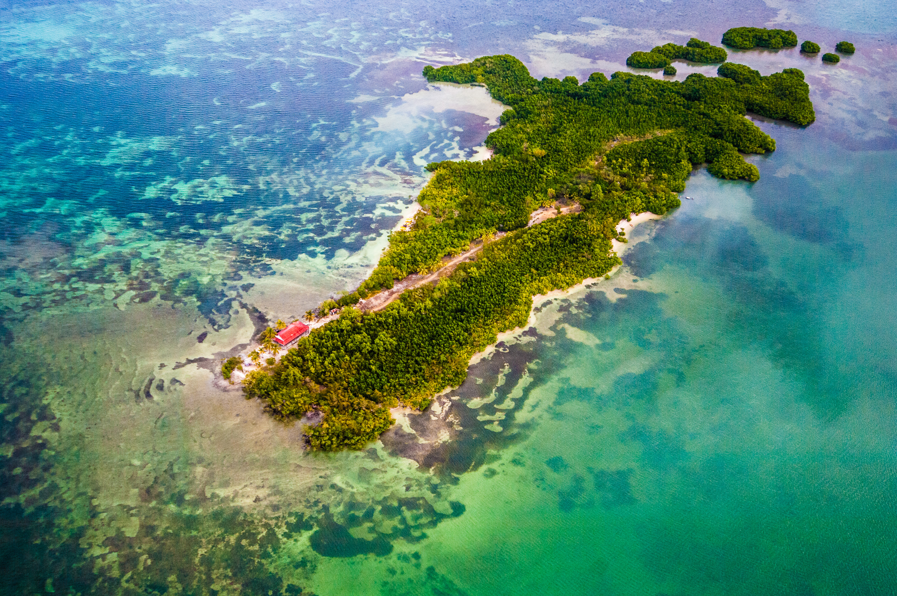 France, Caraïbes, Petites Antilles, Guadeloupe, Parc national de la Guadeloupe, vue aérienne du Grand Cul-de-Sac Marin (15000 ha), il est délimité dans sa partie marine par le plus long récif corallien (25 km) et dans sa partie terrestre par la plus large ceinture de mangrove des petites Antilles, ici l'îlet Macou // France, Caribbean, Lesser Antilles, Guadeloupe, Guadeloupe National Park, aerial view of the Grand Cul-de-Sac Marin (15000 ha), it is delimited in its marine part by the longest coral reef (25 km) terrestrial part by the wider mangrove belt of the Lesser Antilles, here the Macou islet