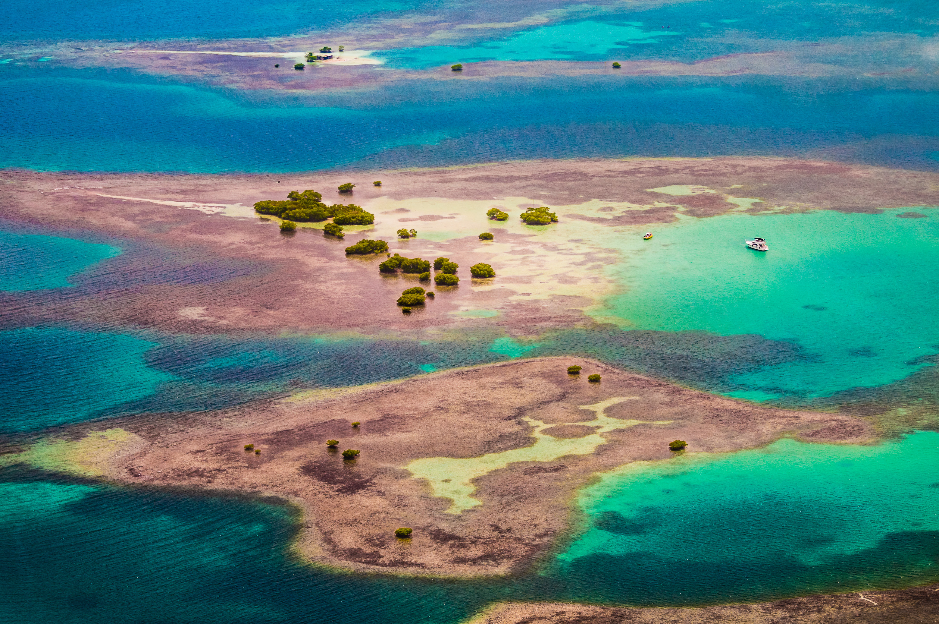 France, Caraïbes, Petites Antilles, Guadeloupe, Parc national de la Guadeloupe, zone de coeur maritime, vue aérienne du Grand Cul-de-Sac Marin (15000 ha), il est délimité dans sa partie marine par le plus long récif corallien (25 km) et dans sa partie terrestre par la plus large ceinture de mangrove des petites Antilles, ici les îlets de Carénage // France, Caribbean, Lesser Antilles, Guadeloupe, Guadeloupe National Park, maritime heart area, aerial view of the Grand Cul-de-Sac Marin (15000 ha), it is delimited in its marine part by the longest coral reef km) and in its terrestrial part by the wider mangrove belt of the Lesser Antilles, here Carénage islets