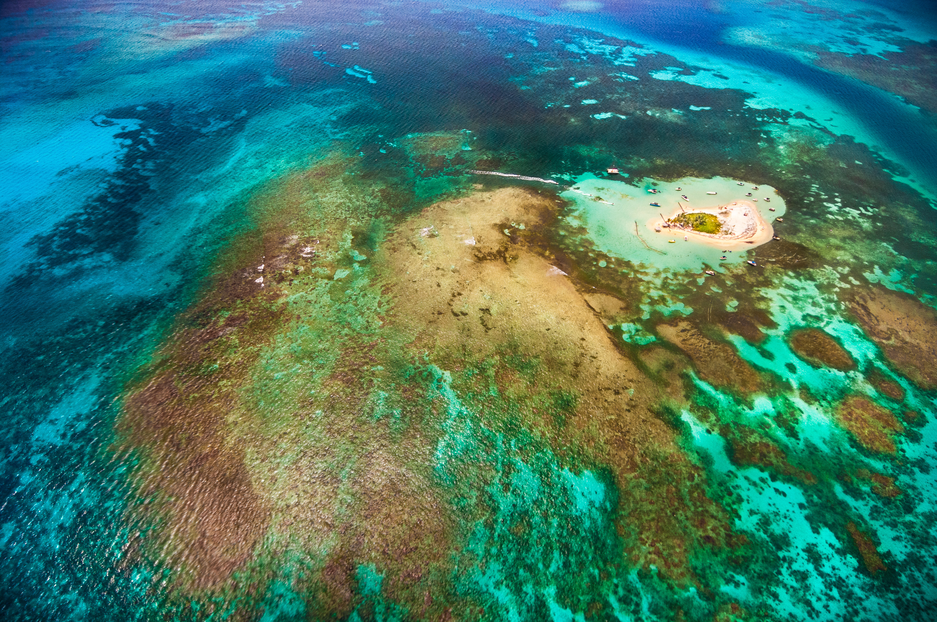 France, Caraïbes, Petites Antilles, Guadeloupe, Parc national de la Guadeloupe, vue aérienne du Grand Cul-de-Sac Marin (15000 ha), il est délimité dans sa partie marine par le plus long récif corallien (25 km) et dans sa partie terrestre par la plus large ceinture de mangrove des petites Antilles, ici l'îlet Caret // France, Caribbean, Lesser Antilles, Guadeloupe, Guadeloupe National Park, aerial view of the Grand Cul-de-Sac Marin (15000 ha), it is delimited in its marine part by the longest coral reef (25 km) terrestrial part by the wider mangrove belt of the Lesser Antilles, here the Caret islet