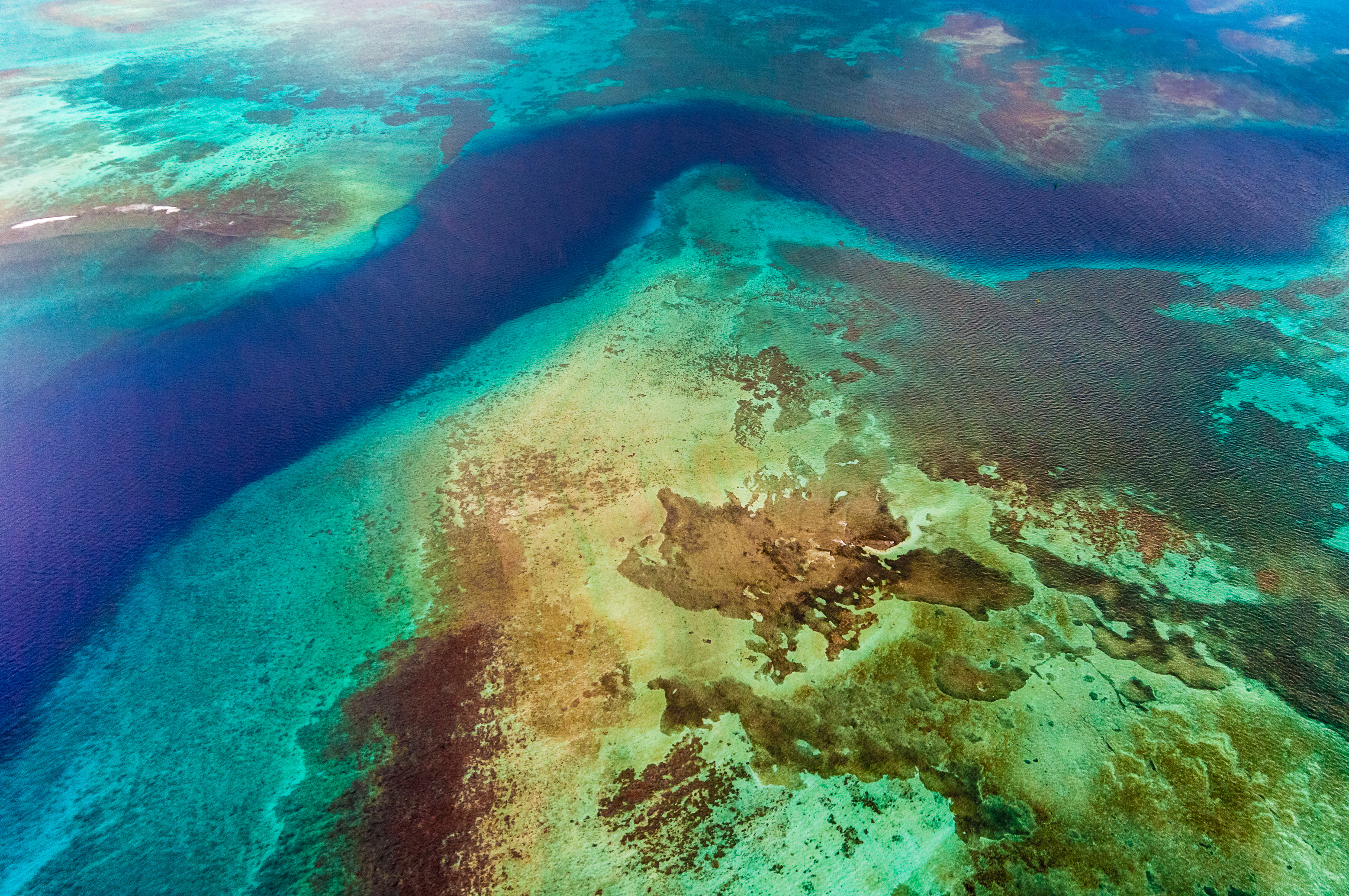 France, Caraïbes, Petites Antilles, Guadeloupe, Parc national de la Guadeloupe, vue aérienne du Grand Cul-de-Sac Marin (15000 ha), il est délimité dans sa partie marine par le plus long récif corallien (25 km) et dans sa partie terrestre par la plus large ceinture de mangrove des petites Antilles, ici la passe à l'Est de l'îlet Fajou // France, Caribbean, Lesser Antilles, Guadeloupe, Guadeloupe National Park, aerial view of the Grand Cul-de-Sac Marin (15000 ha), it is delimited in its marine part by the longest coral reef (25 km) terrestrial part by the wider mangrove belt of the Lesser Antilles, here the east of the Fajou islet