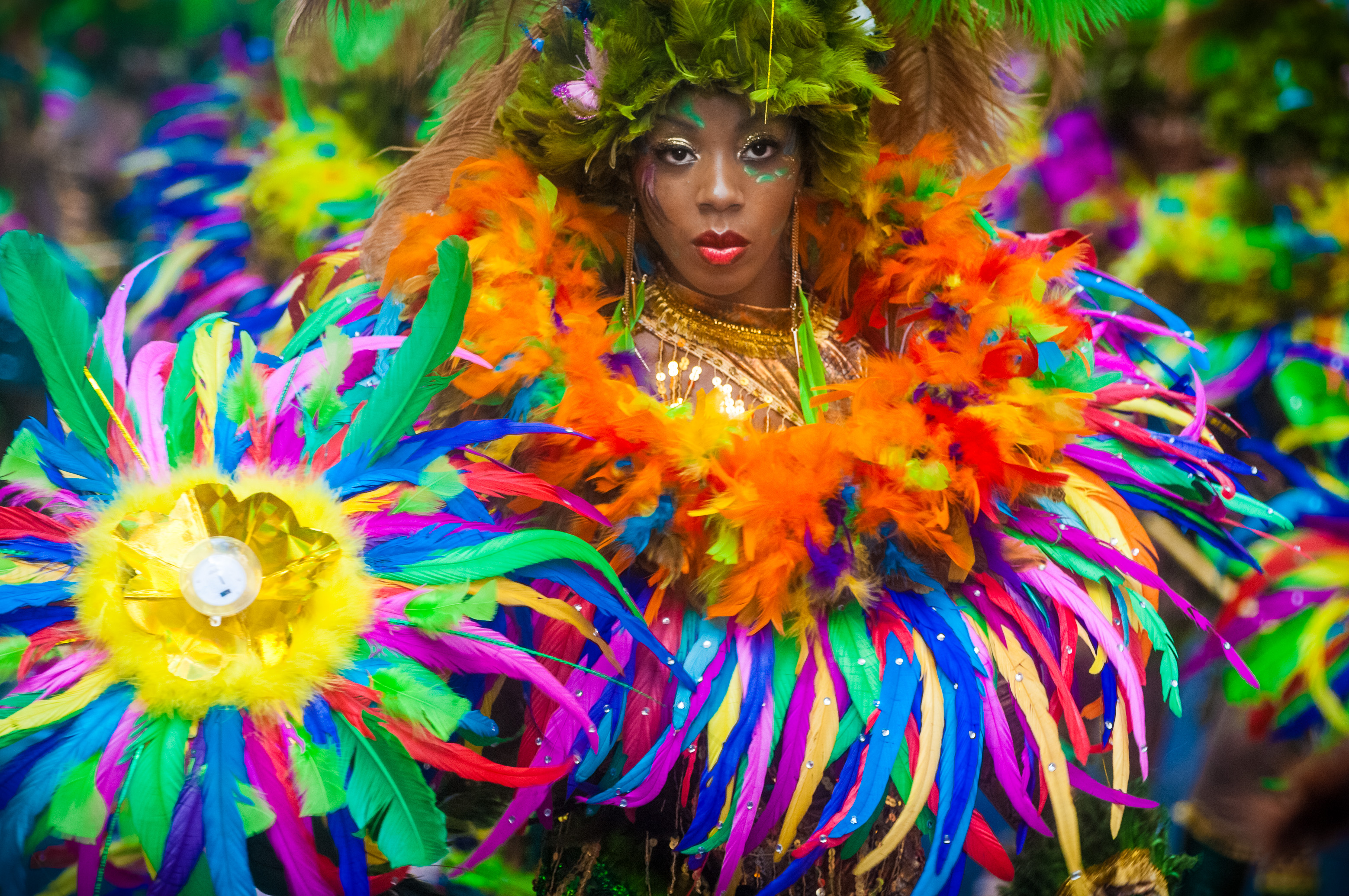 France, Guadeloupe, Grande Terre, Pointe-à-Pitre, portrait d'une danseuse du groupe Avan Van originaire du Moule, lors du grand défilé de clôture des Jours Gras, MR non // France, Guadeloupe, Grande Terre, Pointe-à-Pitre, portrait of a dancer of Avan Van band from Le Moule, during the closing parade of Shrovetide, MR no
