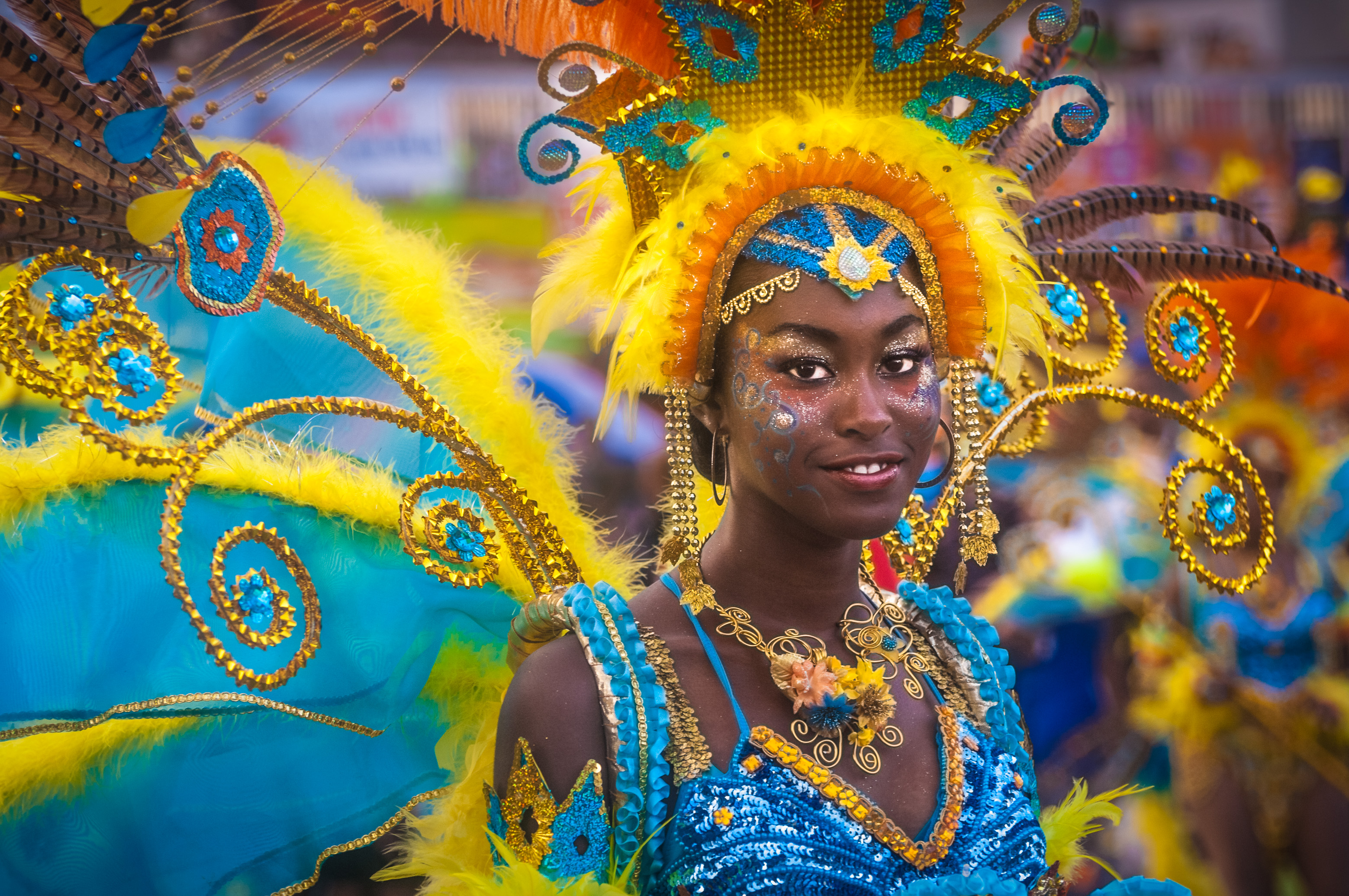 France, Guadeloupe, Grande Terre, Pointe-à-Pitre, danseuse du groupe Karukera Stars originaire du Lamentin, lors du grand défilé de clôture des Jours Gras (USAGE PRESSE UNIQUEMENT) // France, Guadeloupe, Grande Terre, Pointe-à-Pitre, dancer of Karukera Stars band from Lamentin, during the closing parade of Shrovetide (PRESS USE ONLY)
