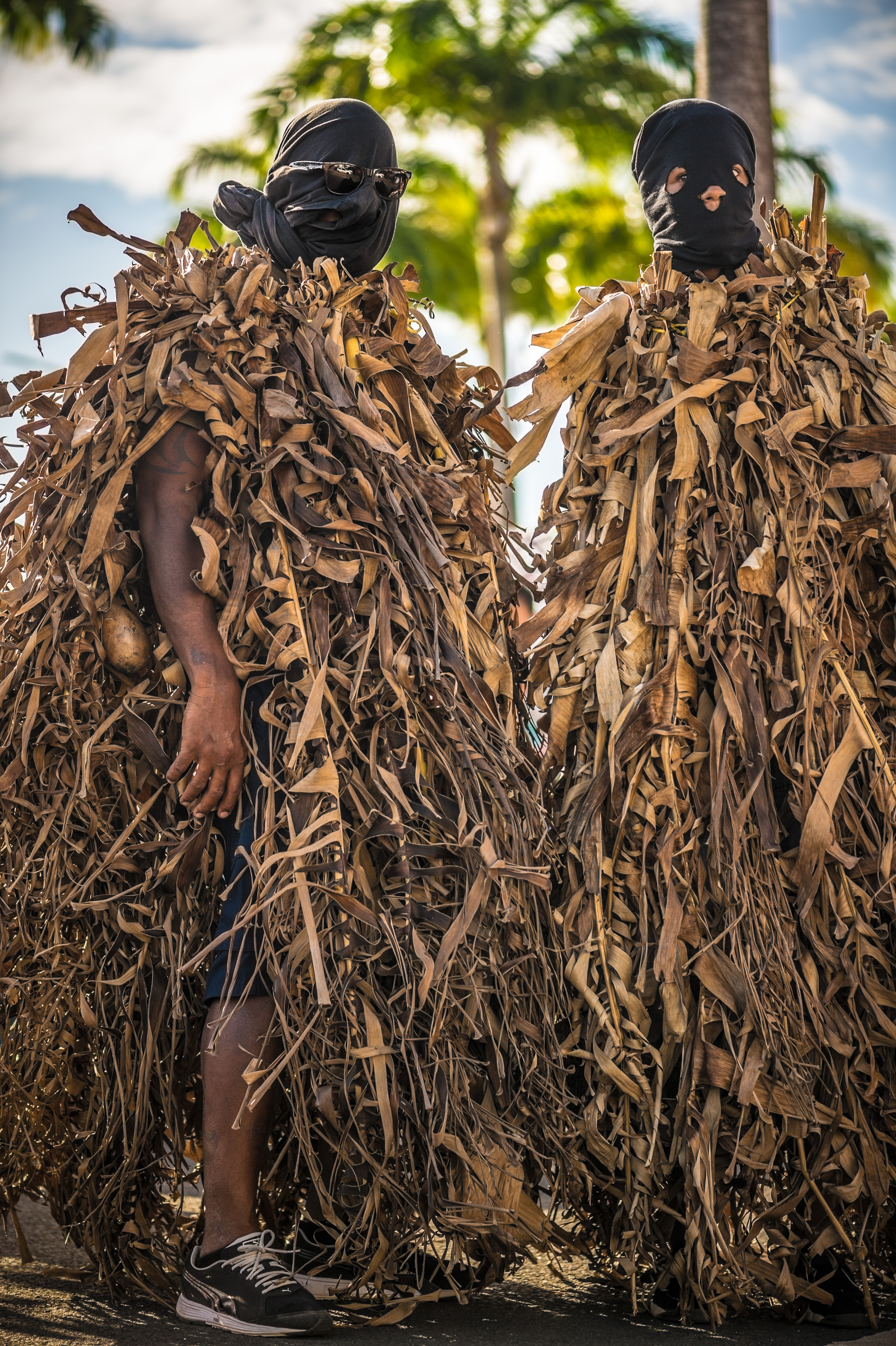 France, Guadeloupe, Grande Terre, Pointe-à-Pitre, deux hommes-feuille du groupe Mass a hagnions, lors du grand défilé de clôture des Jours Gras (USAGE PRESSE UNIQUEMENT) // France, Guadeloupe, Grande Terre, Pointe-à-Pitre, two leaf-men of Mass a hagnions band, during the closing parade of Shrovetide (PRESS USE ONLY)