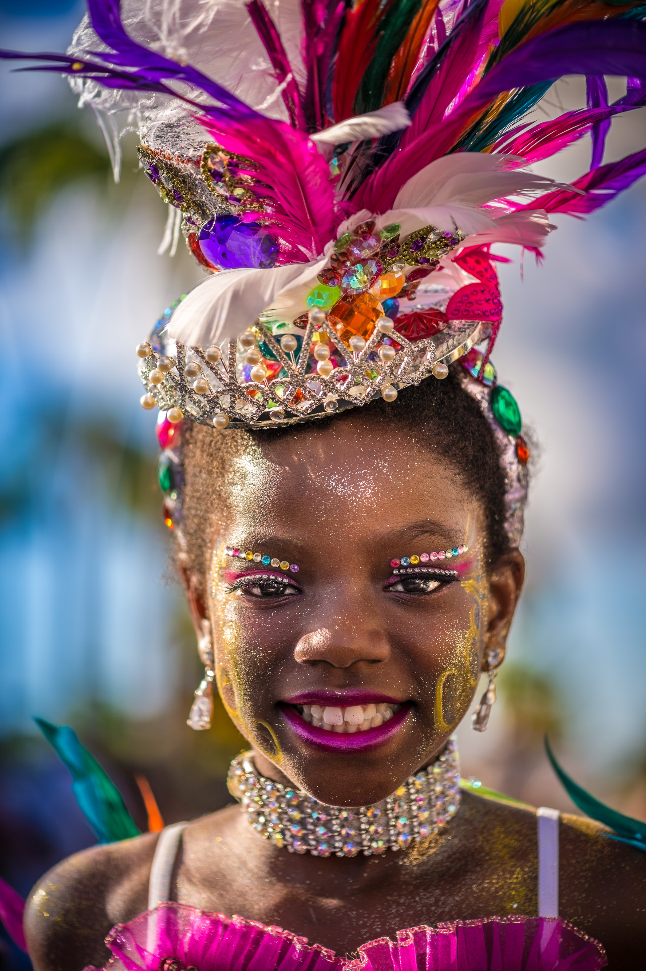 France, Guadeloupe, Grande Terre, Pointe-à-Pitre, portrait d'une danseuse du groupe Pikanga originaire de Baie-Mahault, lors du grand défilé de clôture des Jours Gras (USAGE PRESSE UNIQUEMENT) // France, Guadeloupe, Grande Terre, Pointe-à-Pitre, portrait of a dancer of Pikanga Band from Baie-Mahault, during the closing parade of Shrovetide (PRESS USE ONLY)