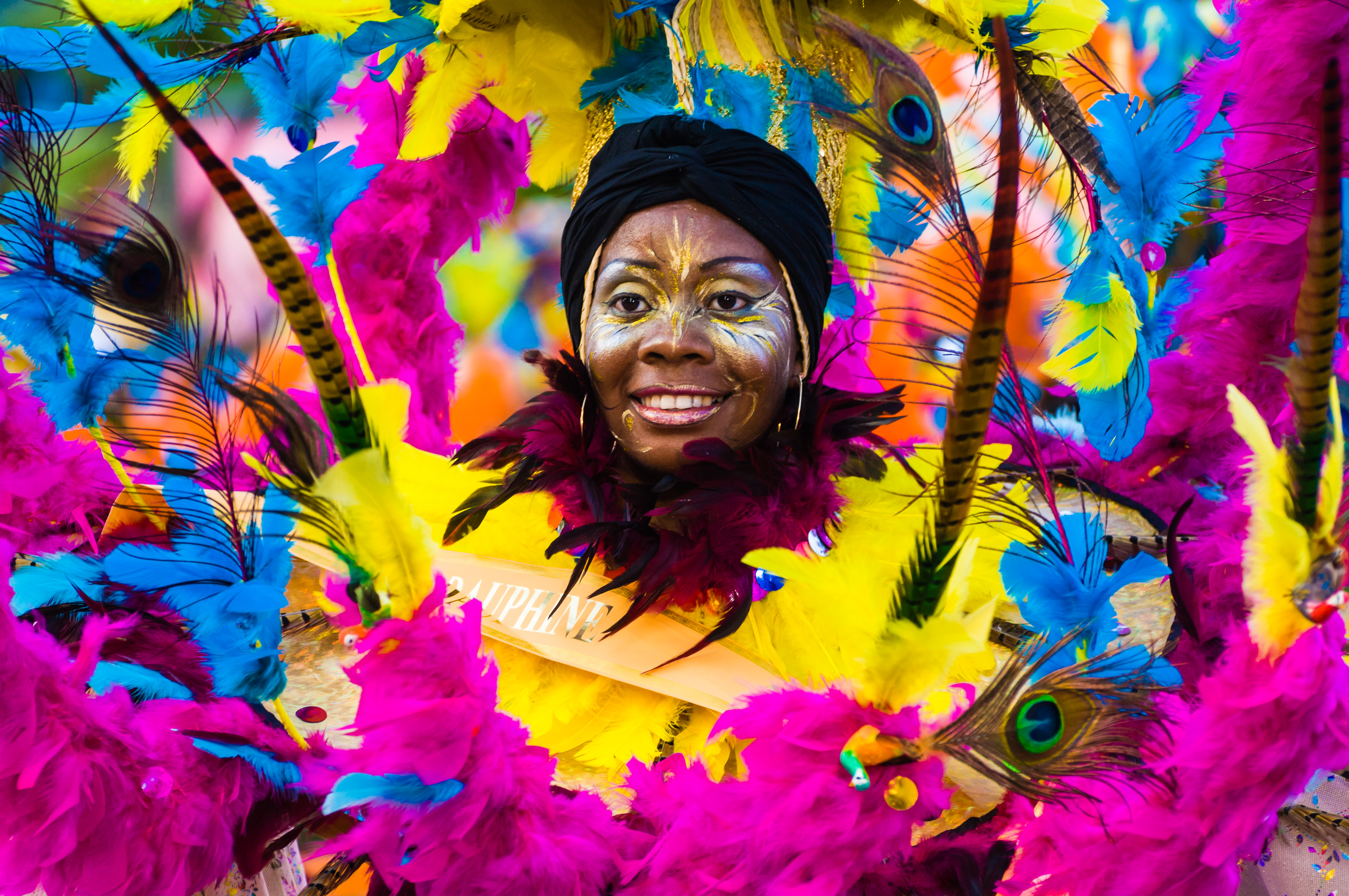 France, Guadeloupe, Grande Terre, Pointe-à-Pitre, portrait d'une danseuse du groupe Explosion, originaire du Moule, lors du grand défilé de clôture des Jours Gras (USAGE PRESSE UNIQUEMENT) // France, Guadeloupe, Grande Terre, Pointe-à-Pitre, portrait of a dancer of the group Explosion from le Moule, during the closing parade of Shrovetide (PRESS USE ONLY)