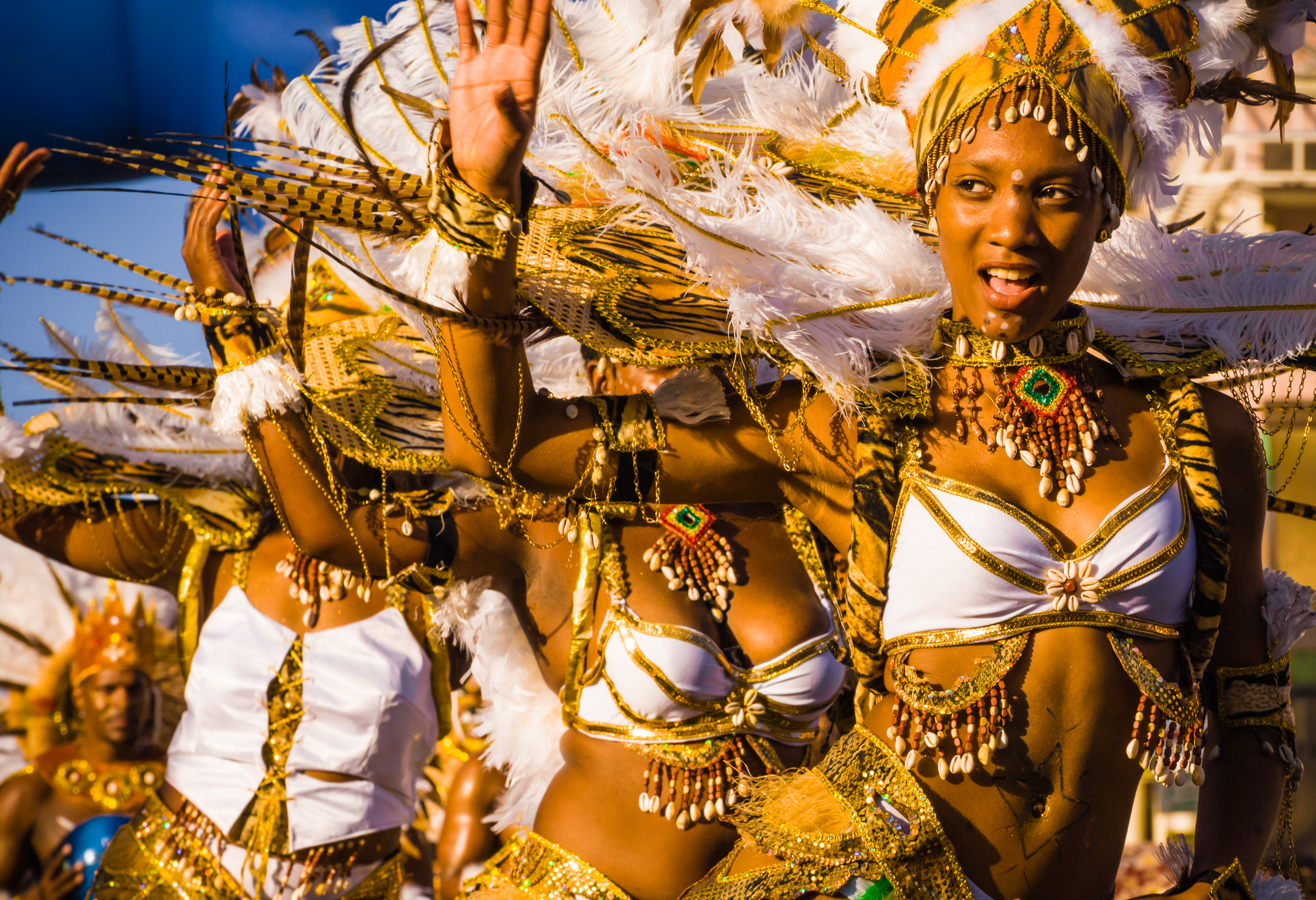 France, Guadeloupe, Grande Terre, Pointe-à-Pitre, danseuses du groupe Double Face, lors du grand défilé de clôture des Jours Gras (USAGE PRESSE UNIQUEMENT) // France, Guadeloupe, Grande Terre, Pointe-à-Pitre, dancers of the group Double Face, during the closing parade of Shrovetide (PRESS USE ONLY)