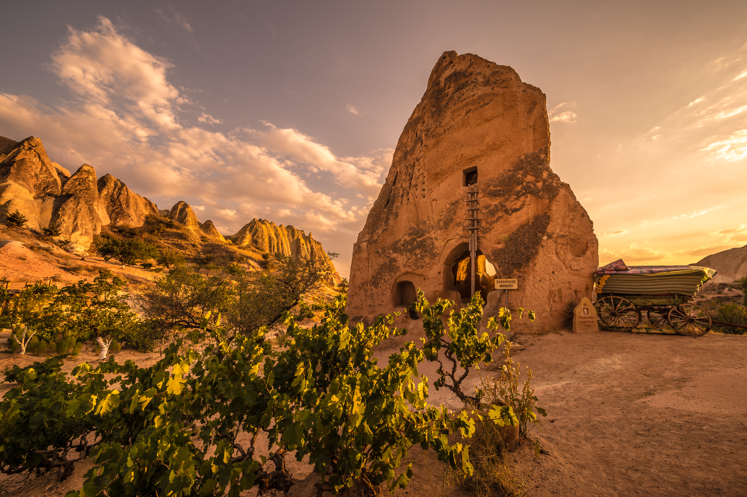 Turquie, Anatolie Centrale, province de Nevşehir, Cappadoce classée Patrimoine Mondial de l'UNESCO, Göreme, découverte en famille de la Vallée Rose, paysage de collines de tuf volcanique, cheminées de fées et vestiges d'habitations troglodytiques dans le Parc National de Göreme, au coucher du soleil // Turkey, Central Anatolia, Nevşehir province, Cappadocia UNESCO World Heritage Site, Göreme, family discovery of the Rose Valley, landscape of volcanic tuff hills, fairy chimneys and vestiges of troglodyte dwellings in the Göreme National Park, at sunset