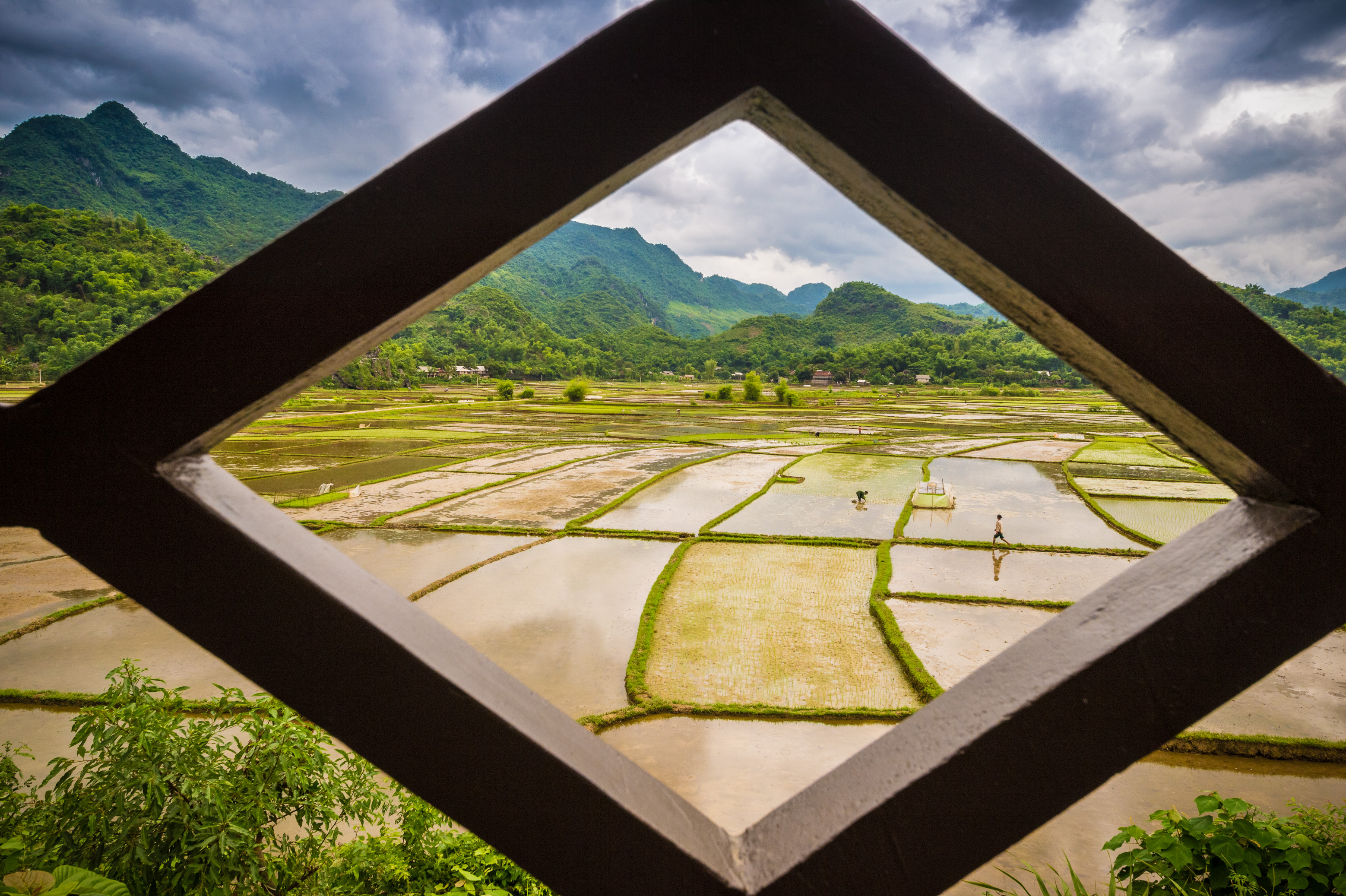 Asie du Sud-Est, Việt Nam, province de Mai Châu, terrasse avec vue sur les rizières depuis un bungalow du Mai Chau écolodge, premier écolodge de luxe du pays // Southeast Asia, Viet Nam, Mai Chau Province, terrace overlooking paddy fields from a bungalow at Mai Chau Ecolodge, first luxury ecolodge of the country