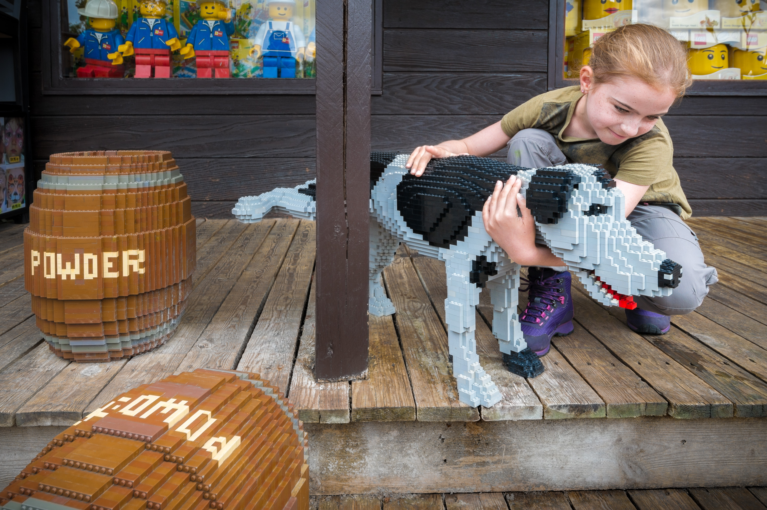 Danemark, Jutland, Billund, Legoland® Billund est le tout premier parc Legoland créé en 1968, près du siège de l'entreprise Lego® (le terme Lego est dérivé du danois «Leg godt» qui signifie «joue bien»), il est composé des espaces suivants : Miniland, ici une enfant caresse un chien au beau milieu de tonneaux de poudre à canon dans Legoredo Town, Imagination Zone, Knights' Kingdom, DUPLO Land, Pirate Land, LEGO City, Dino Island, Fun Town, Adventure Land, LEGO X-Treme, Traffic, Kingdom of The Pharaohs, Land of The Vikings, MR PR // Denmark, Jutland, Billund, Legoland® Billund is the first Legoland Park established in 1968, near the headquarters of the Lego® company (the term Lego is derived from the Danish "Leg godt" meaning "plays well"), it is composed of the following areas: Miniland, here a child petting a dog in the middle of barrels of gunpowder in Legoredo Town, Imagination Zone, Knights' Kingdom, DUPLO Land Pirate Land, Lego City, Dino Island, Fun Town, Adventure Land, LEGO X-Treme, Traffic, Kingdom of the Pharaohs, Land of The Vikings, MR PR