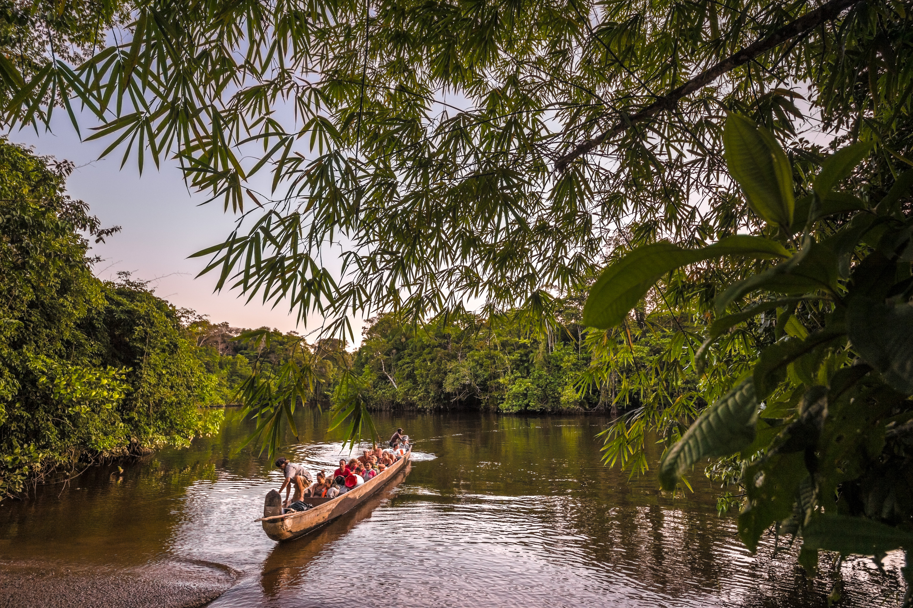 France, Guyane, Kourou, Camp Canopée, Descente du fleuve Kourou en pirogue traditionnelle depuis le Camp Canopée // France, French Guiana, Kourou, Camp Canopée, Navigation on the Kourou River in a traditional pirogue from Camp Canopée