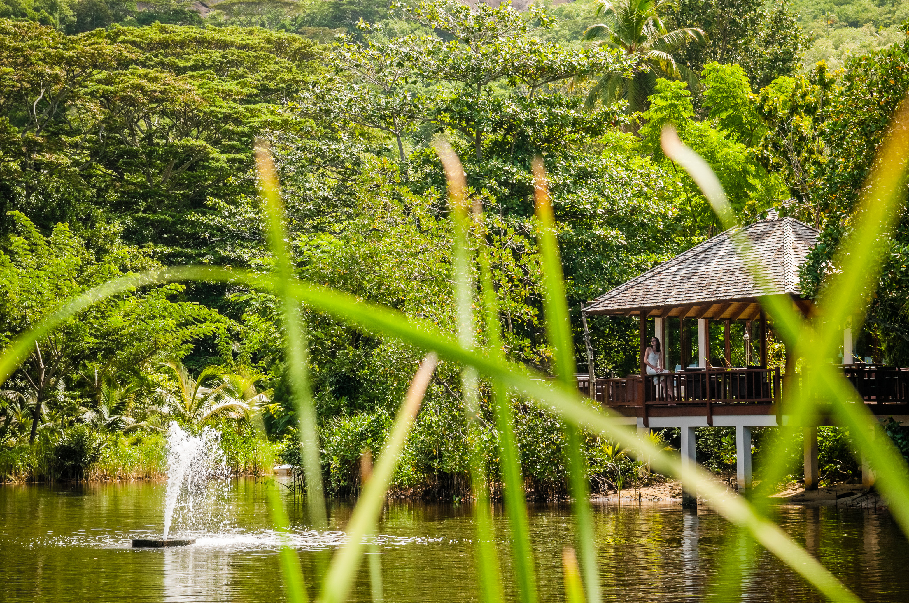 Seychelles, océan Indien, île de Silhouette, Hilton Seychelles Labriz Resort & Spa, restaurant avec vue plongeante sur le bassin, MR oui PR non // Seychelles, Indian Ocean, Silhouette Island, Hilton Seychelles Labriz Resort & Spa, restaurant with a view overlooking the pond, MR yes PR no
