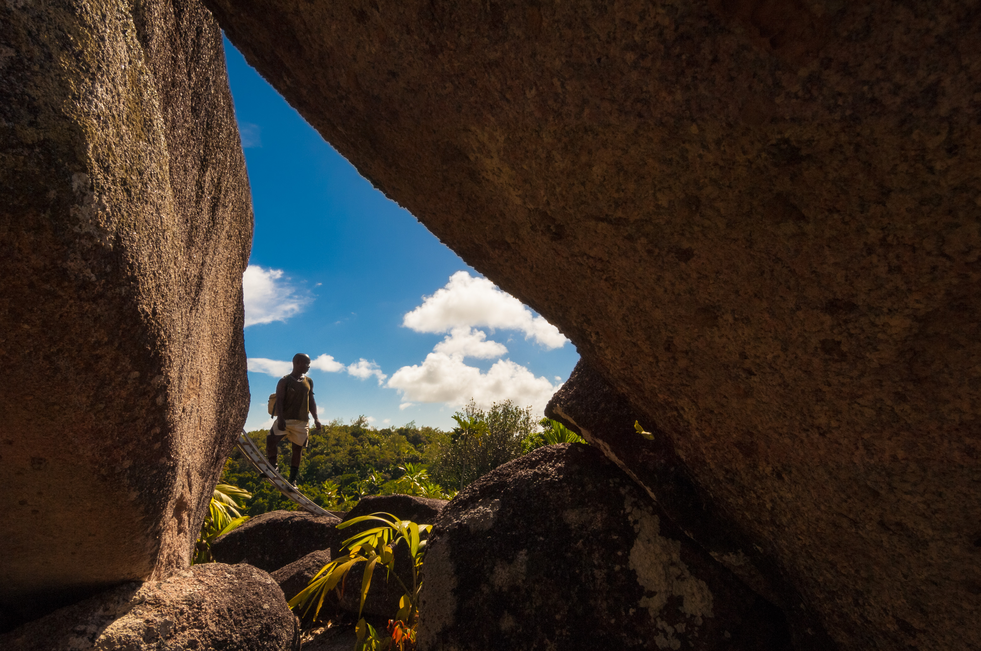 Seychelles, océan Indien, île de Praslin, Parc national de la Vallée de Mai inscrite au patrimoine mondial de l'Humanité par l'Unesco, garde naturaliste parcourant le sanctuaire du Parc à Glacis Noir, entre 2 blocs de granite, MR-PR non // Seychelles, Indian Ocean, island of Praslin, Vallée de Mai National Park, Unesco World Heritage area, naturalist guard browsing the sanctuary of the National Park at Glacis Noir, between two granite blocks, MR-PR no