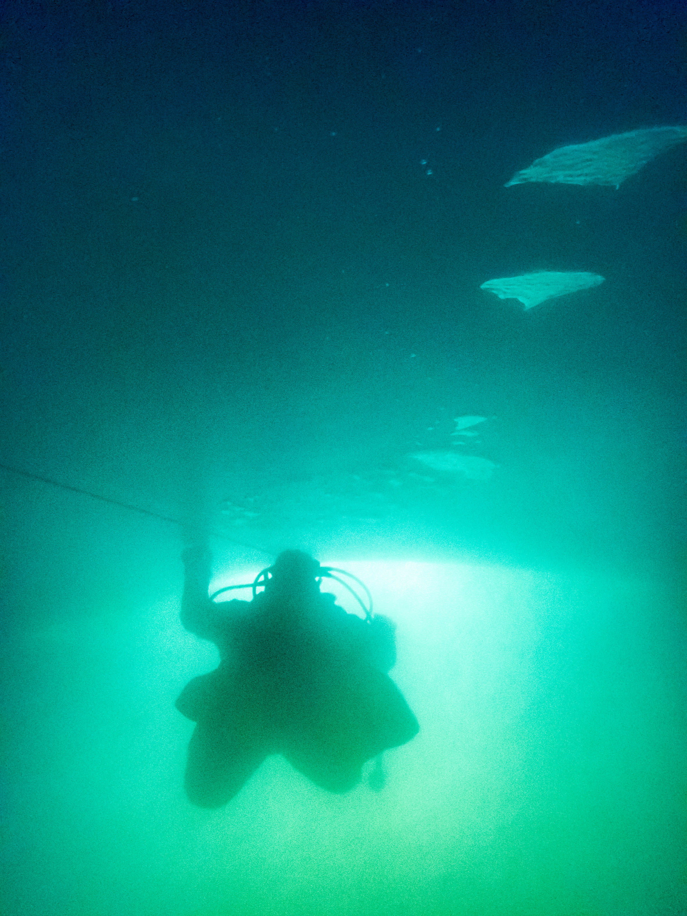 France, Isère (38), Belledonne, Chamrousse, lacs Robert, un plongeur s'approche d'un puits de lumière creusé dans les 2 m de glace qui le séparent de la surface, des bulles d'air au premier plan - Dive Xtrême // France, Isère (38), Belledonne, Chamrousse, Robert lakes, a diver approaches a skylight dug in the 2 m of ice that separates it from the surface, air bubbles in the foreground - Dive Xtreme