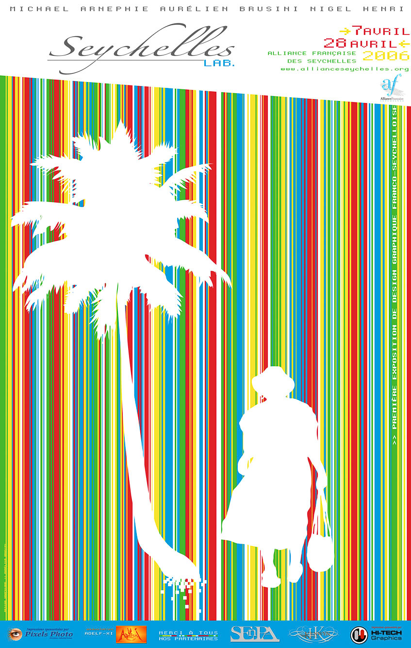 Design graphique de l'affiche, des cartes postales d'invitation à la première exposition de design graphique franco-seychelloise (à mon initiative en tant qu'organisateur et créateur associé) abordant les nouvelles identités créoles seychelloises.
