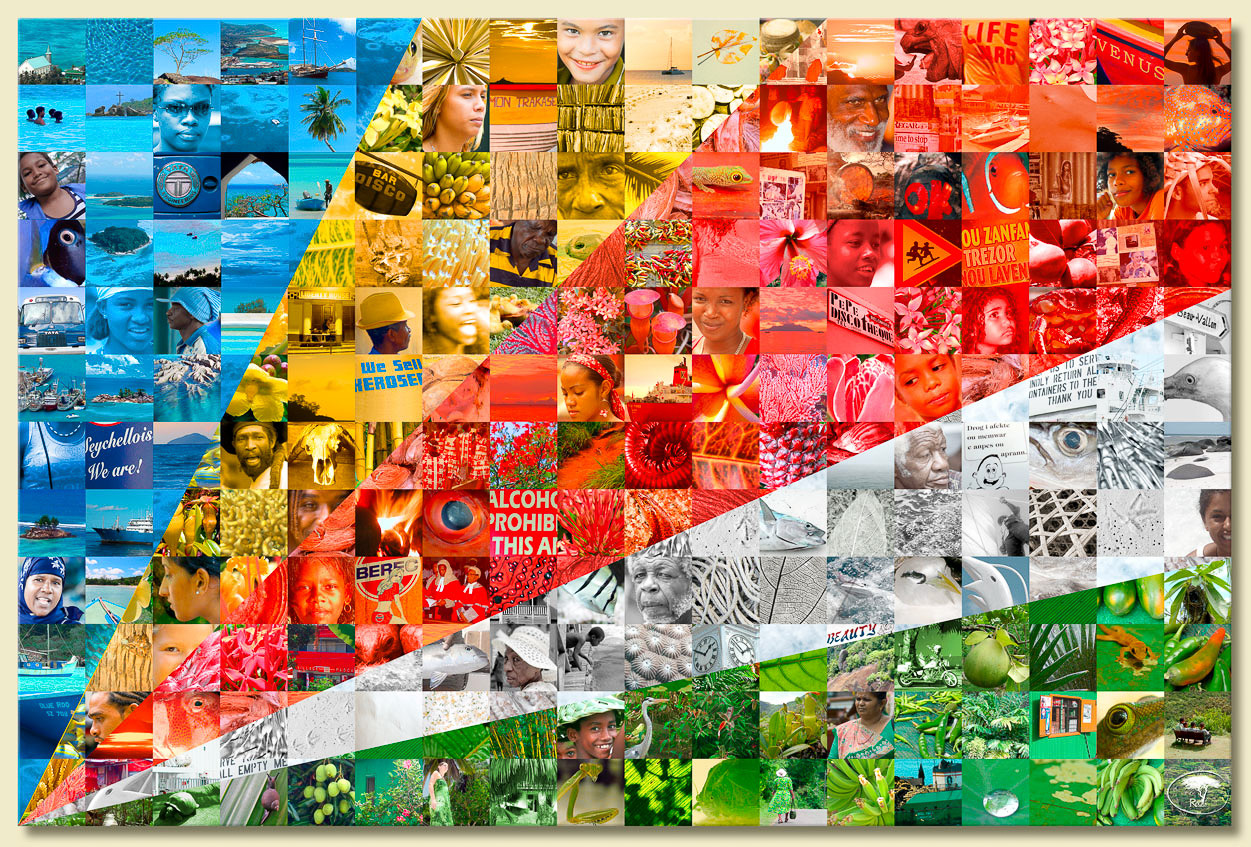 Mosaïque sur le drapeau de l'archipel en toile de fond - "Seychelles Lab.", première exposition de design graphique franco-seychelloise -  Alliance Française des Seychelles