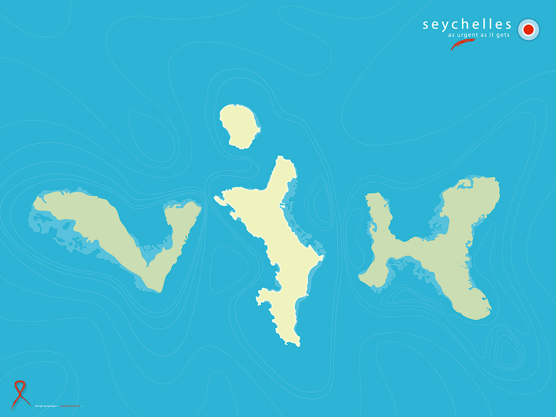 Détournement d'une carte marine sur laquelle le "I" est fait d'îles existantes (Silhouette & Mahé) et transformation du slogan de l'Office du Tourisme des Seychelles "As pure as it gets" pour la cause de la lutte contre la propagation du V.I.H. - "Seychelles Lab.", première exposition de design graphique franco-seychelloise -  Alliance Française des Seychelles