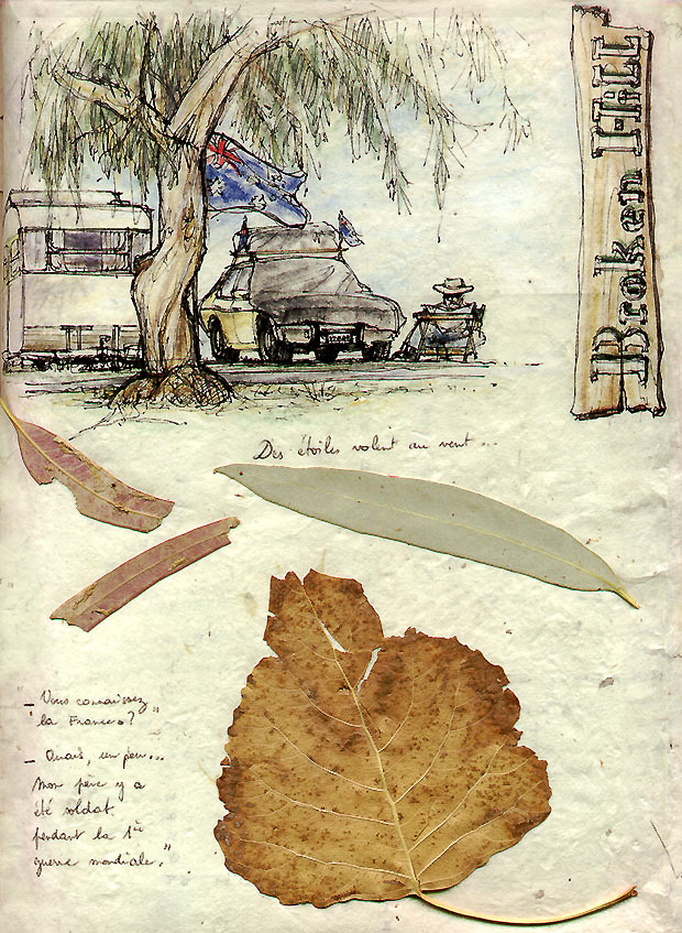 Page extraite de notre carnet de voyage. Ici, après-midi paisible au camping de Broken Hill.