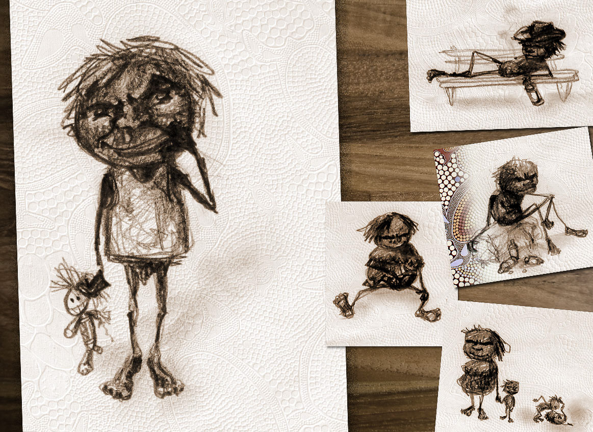 Extrait de la série "Dessins Noirs" consacrée aux Aborigènes que nous avons pu rencontrer. Profondément ébranlé par la situation de dénuement et d'exploitation commerciale dont ils  font l'objet, il m'a toujours été impossible de prendre des photos. Après plusieurs jours, dans l'Indian Pacific qui allait me permettre de joindre Sydney à Perth en 3 jours non-stop, et sous l'effet du brinquebalement incessant, m'est venu ce mode de dessin très "lâché" où les têtes des Aborigènes sont nées d'une boule de gribouillis noircie en certaines zones pour faire apparaître les traits du visage.