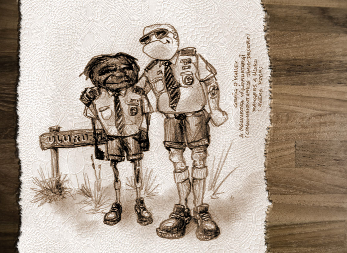 Extrait de la série "Dessins Noirs" consacrée aux Aborigènes que nous avons pu rencontrer. Profondément ébranlé par la situation de dénuement et d'exploitation commerciale dont ils  font l'objet, il m'a toujours été impossible de prendre des photos. Après plusieurs jours, dans l'Indian Pacific qui allait me permettre de joindre Sydney à Perth en 3 jours non-stop, et sous l'effet du brinquebalement incessant, m'est venu ce mode de dessin très "lâché" où les têtes des Aborigènes sont nées d'une boule de gribouillis noircie en certaines zones pour faire apparaître les traits du visage.