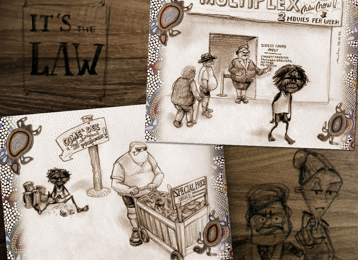 Extrait de la série "Dessins Noirs" consacrée aux Aborigènes que nous avons pu rencontrer. Profondément ébranlé par la situation de dénuement et d'exploitation commerciale dont ils  font l'objet, il m'a toujours été impossible de prendre des photos. Après plusieurs jours, dans l'Indian Pacific qui allait me permettre de joindre Sydney à Perth en 3 jours non-stop, et sous l'effet du brinquebalement incessant, m'est venu ce mode de dessin très "lâché" où les têtes des Aborigènes sont nées d'une boule de gribouillis noircie en certaines zones pour faire apparaître les traits du visage.