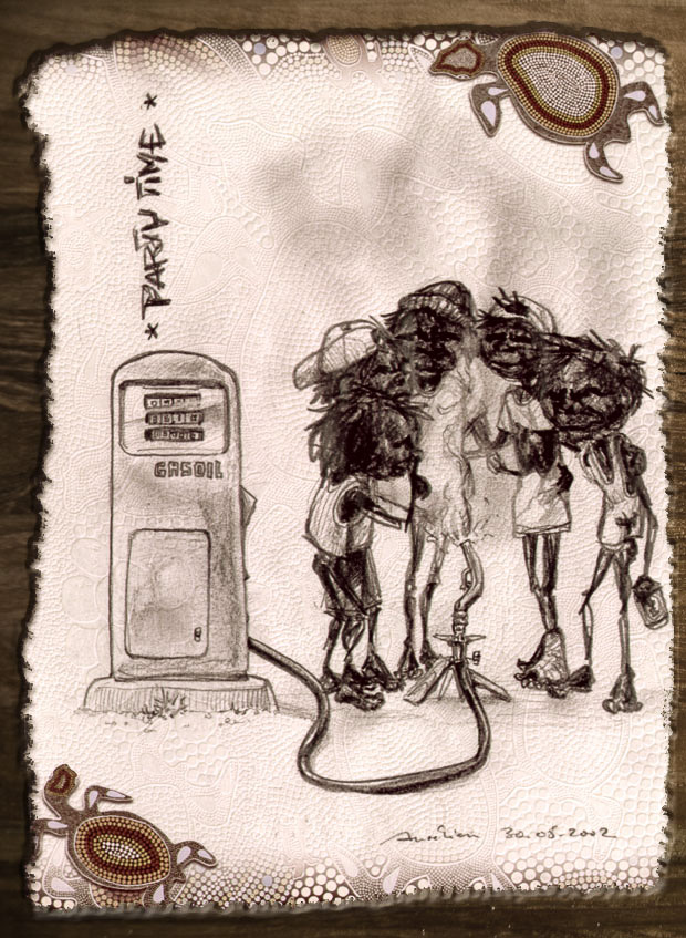 Extrait de la série "Dessins Noirs" consacrée aux Aborigènes que nous avons pu rencontrer. Profondément ébranlé par la situation de dénuement et d'exploitation commerciale dont ils  font l'objet, il m'a toujours été impossible de prendre des photos. Après plusieurs jours, dans l'Indian Pacific qui allait me permettre de joindre Sydney à Perth en 3 jours non-stop, et sous l'effet du brinquebalement incessant, m'est venu ce mode de dessin très "lâché" où les têtes des Aborigènes sont nées d'une boule de gribouillis noircie en certaines zones pour faire apparaître les traits du visage.