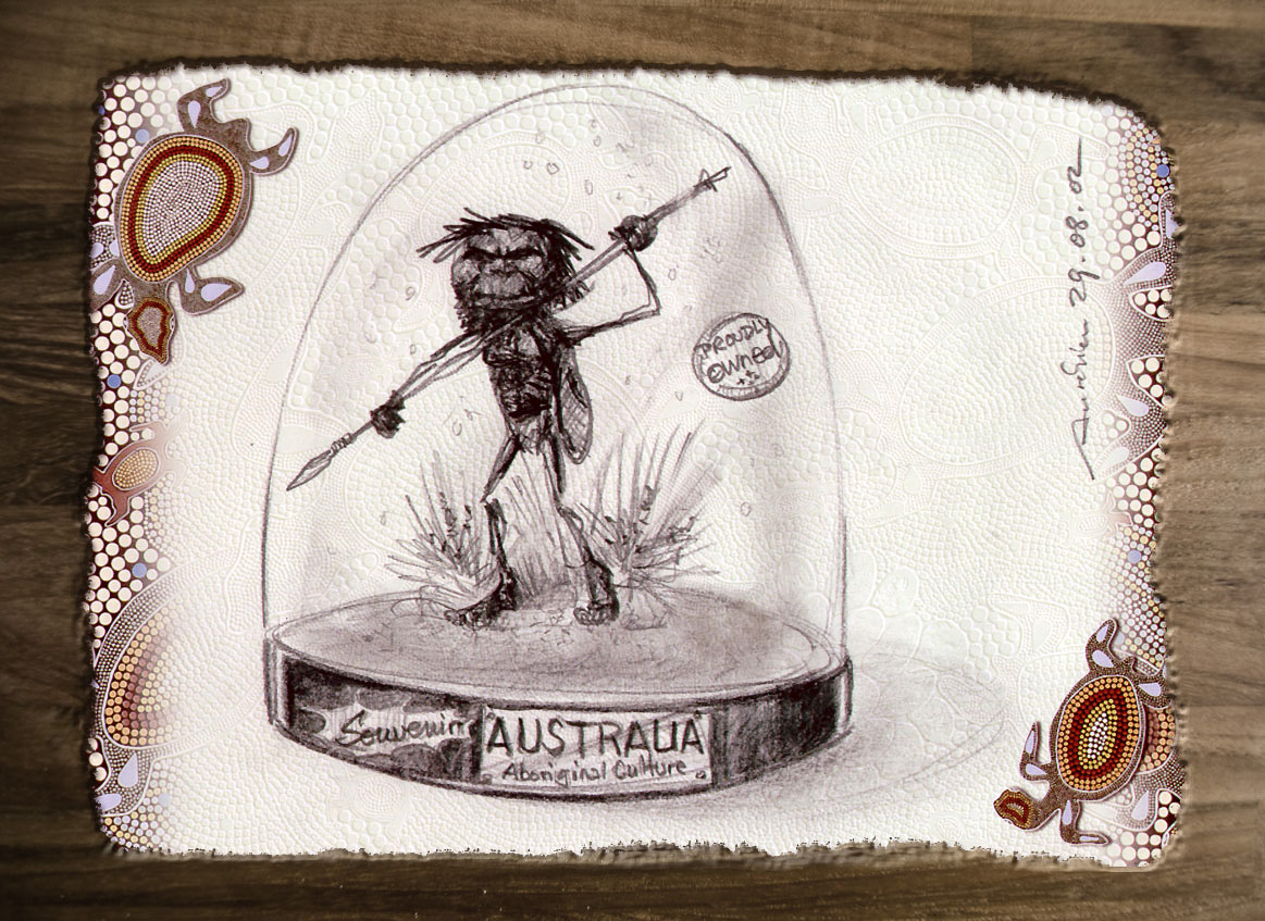 Extrait de la série "Dessins Noirs" consacrée aux Aborigènes que nous avons pu rencontrer. Profondément ébranlé par la situation de dénuement et d'exploitation commerciale dont ils  font l'objet, il m'a toujours été impossible de prendre des photos. Après plusieurs jours, dans l'Indian Pacific qui allait me permettre de joindre Sydney à Perth en 3 jours non-stop, et sous l'effet du brinquebalement incessant, m'est venu ce mode de dessin très "lâché" où les têtes des Aborigènes sont nées d'une boule de gribouillis noircie en certaines zones pour faire apparaître les traits du visage.