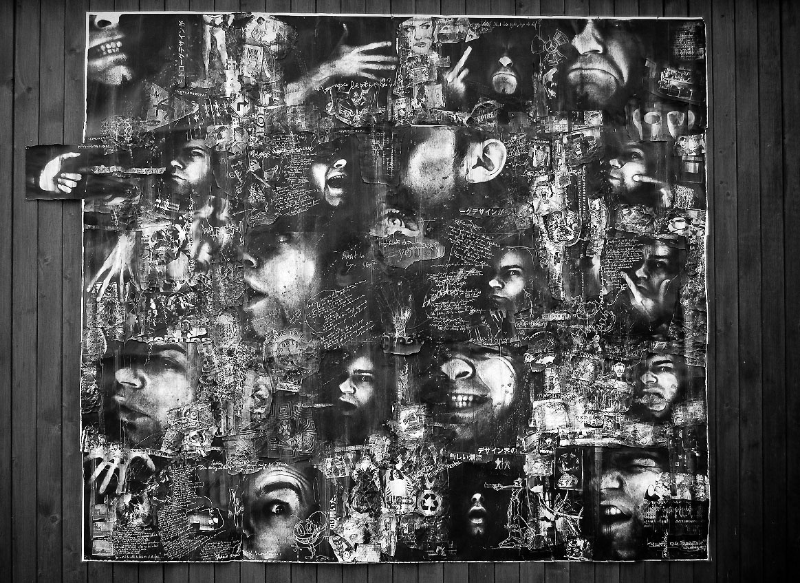 Collage à base de photocopies, gouache, textes réécrits aux feutres et stylo blanc.