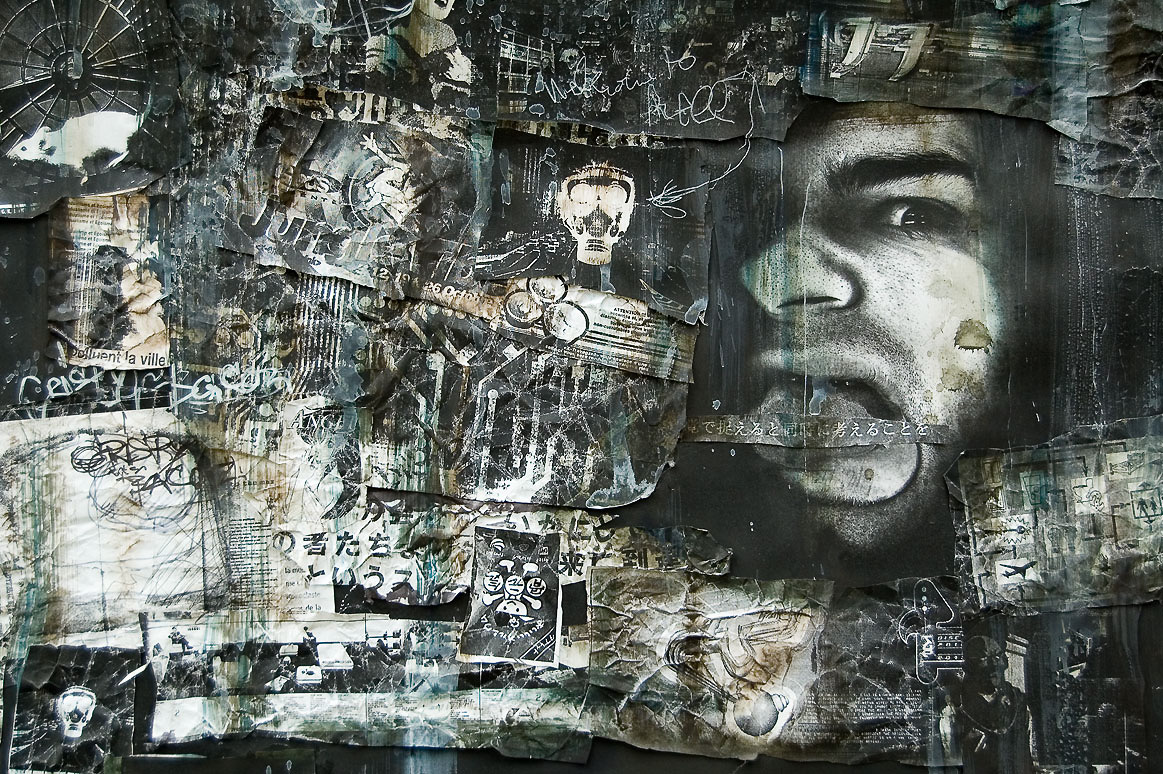 Collage à base de photocopies, gouache, textes réécrits aux feutres et stylo blanc.