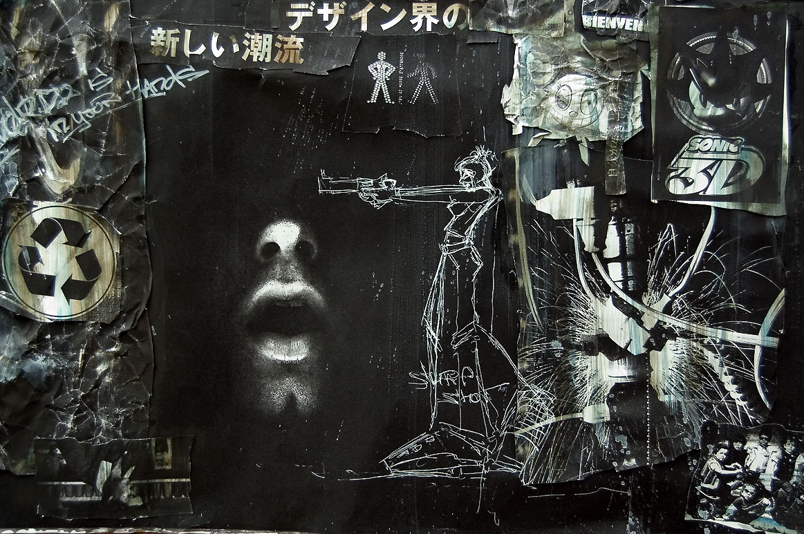 Collage à base de photocopies, gouache, textes réécrits aux feutres et stylo blanc.