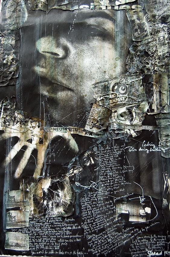Collage à base de photocopies, gouache, textes réécrits aux feutres et stylo blanc.