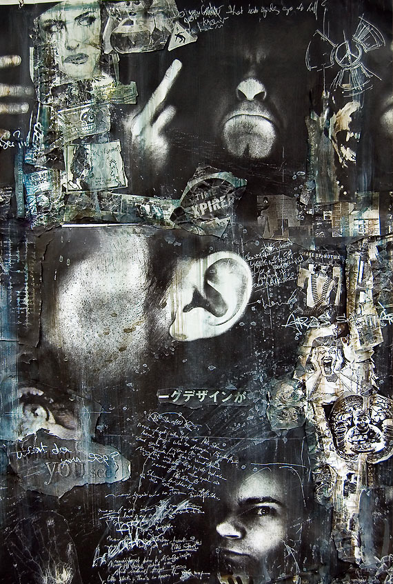 Collage à base de photocopies, gouache, textes réécrits aux feutres et stylo blanc.