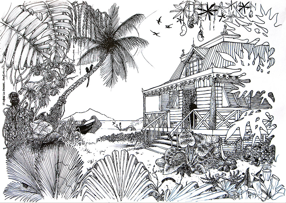 Dessin au trait. Stylo feutre noir sur layout.